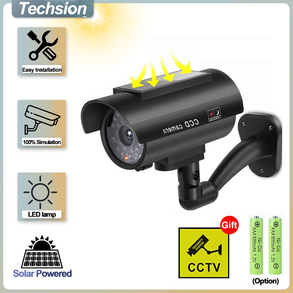 Home Security Lights Outdoors - แผงเซลล์แสงอาทิตย์จำลองกล้องวงจรปิด, กล้องปลอมกลางแจ้ง, กล้องวงจรปิดอะนาล็อกกันน้ำ, จอภาพ Bullet LED