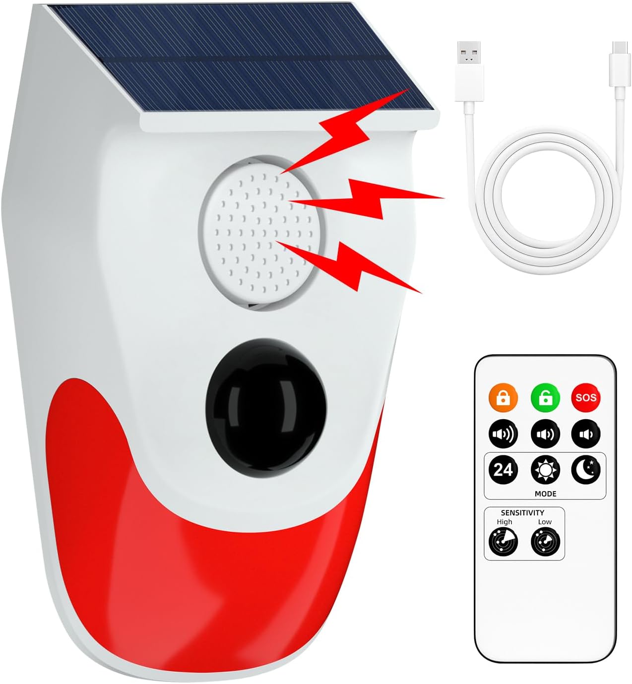 Home Security Lights Outdoors - สัญญาณเตือนภัยกลางแจ้งแบบเซ็นเซอร์ตรวจจับความเคลื่อนไหวพลังงานแสงอาทิตย์, ปรับความไวได้, สัญญาณเตือนภัยแบบเปิดใช้งานด้วยการเคลื่อนไหว, เสียงไซเรนความปลอดภัย 129 เดซิเบล,