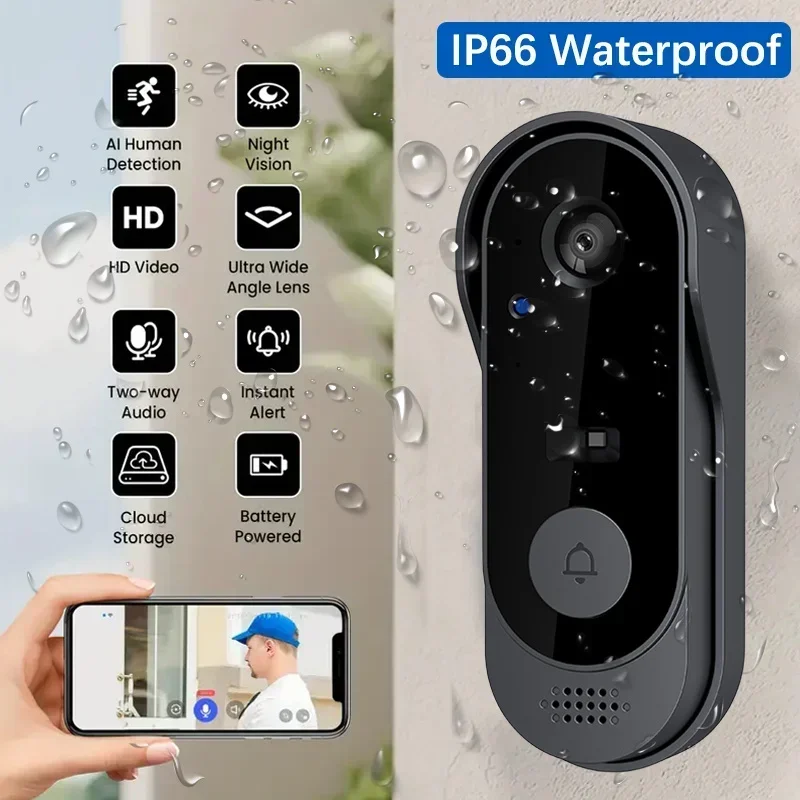 Home Security Monitoring System - กล้องวิดีโอ HD ไร้สายกันน้ำสำหรับประตูบ้าน พร้อมระบบมองเห็นกลางคืนและเปลี่ยนเสียง ระบบความปลอดภัยบ้านอัจฉริยะ ตรวจสอบผ่าน