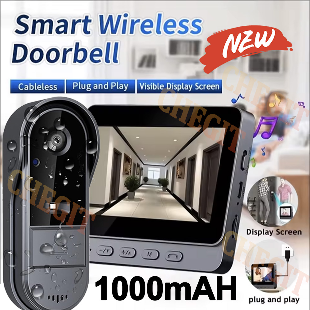 Home Security Bell - กล้องออดไร้สายอินเตอร์เน็ตไร้สาย 1080P วิดีโออินเตอร์คอมออดกันน้ำ 4.3 นิ้วหน้าจอ IPS