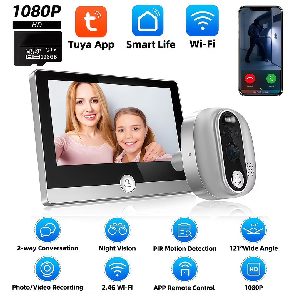 Peephole Camera Viewer - Tuya 1080P WiFi ประตู Bell กล้อง