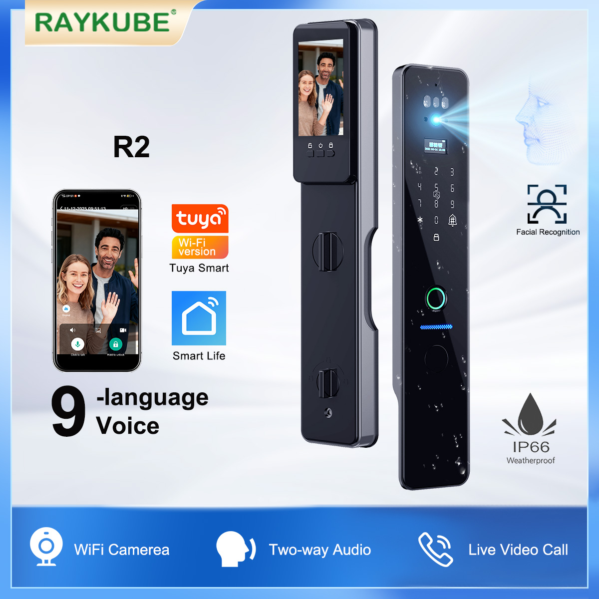 Peephole Camera Viewer - RAYKUBE R2 IP66 กันน้ำ ระบบล็อคอิเล็กทรอนิกส์แบบสแกนใบหน้า 3