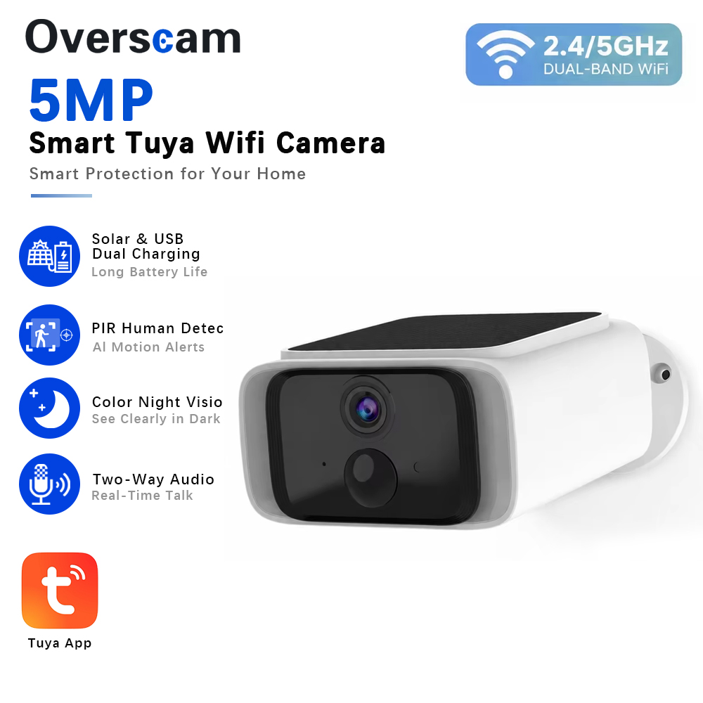 Home Security Bell - กล้องวงจรปิดพลังงานแสงอาทิตย์ Tuya 5MP ไร้สายสำหรับภายนอกอาคาร รองรับ WiFi