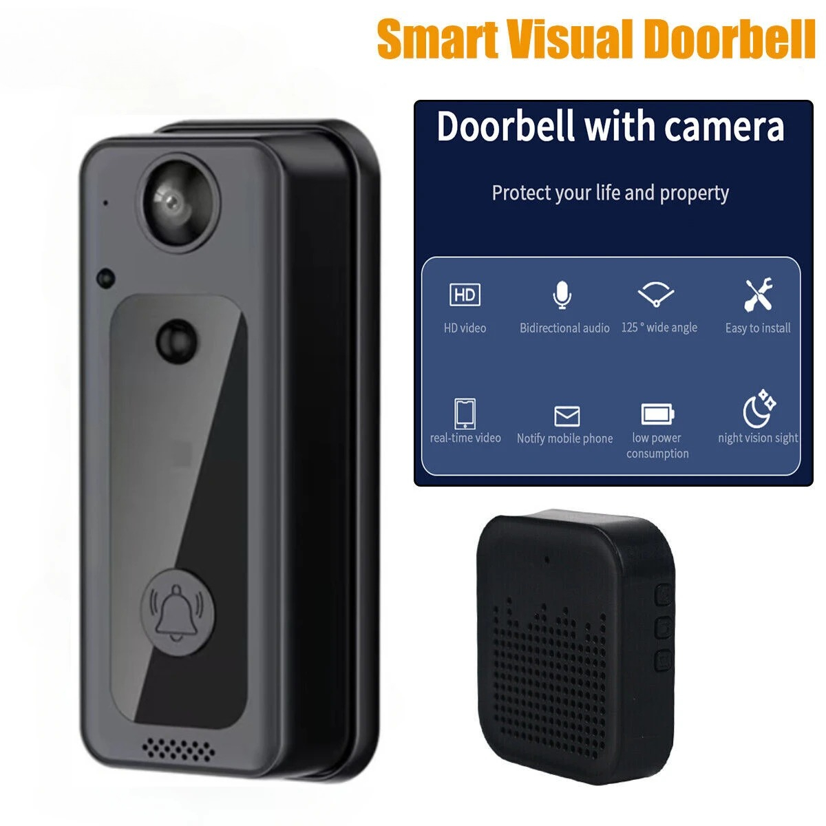 Home Security Ring Camera - กริ่งประตูไร้สาย วิดีโออินเตอร์คอม พร้อมกล้องวงจรปิดแบบตาแมว มองเห็นในเวลากลางคืนด้วยอินฟราเรด สำหรับบ้านอัจฉริยะ ป้องกันความปลอดภัย